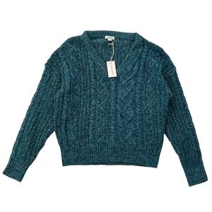 NWT Teal Blue Sundance Marlyse Chunky Cable Knit‎ V Neck Sweater SZ M Fisherman